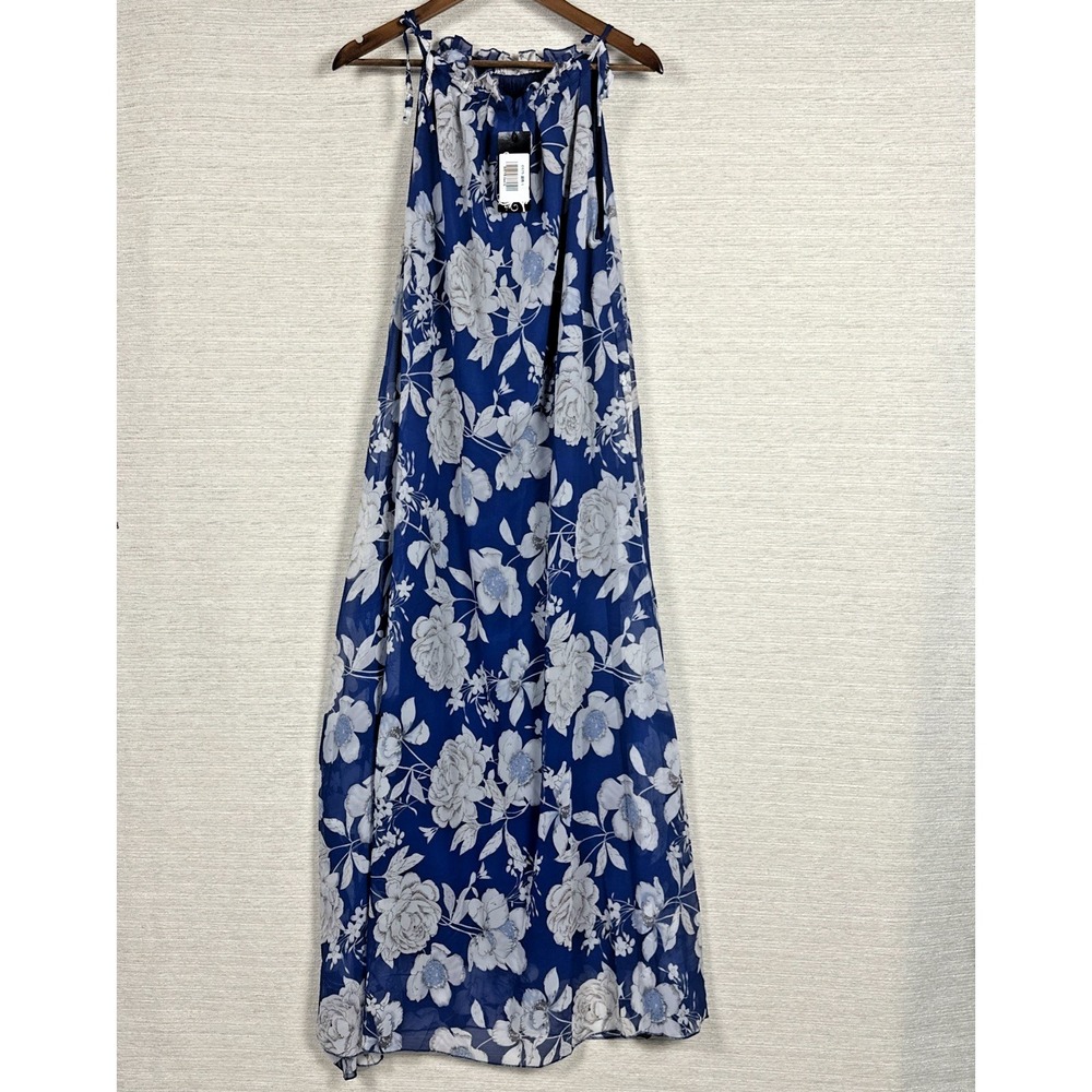 NWT Blue Floral Maxi Dress Large Halter Sleeveless Beach Vacation Wedding Guest